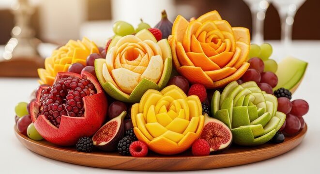 Exquisite fruit platter with carved citrus roses and fresh berries.