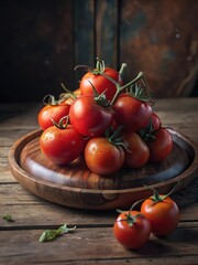 Fresh vineripened tomatoes arranged artfully on a rustic wooden plate await their fate
