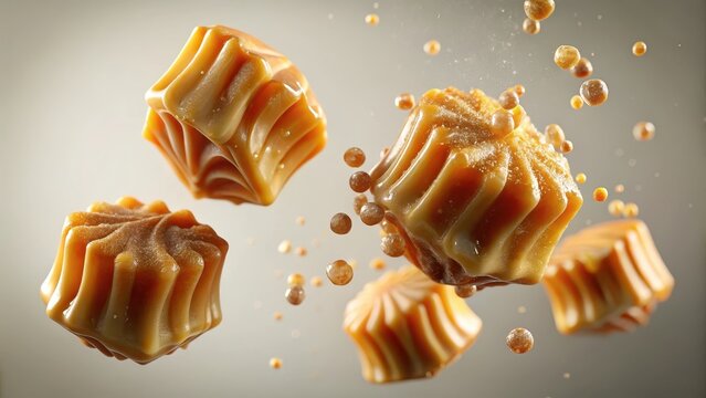 Sweet indulgence on display delicate, crystallized caramel treats suspended in midair, showcasing their golden hues and intricate textures on a pri