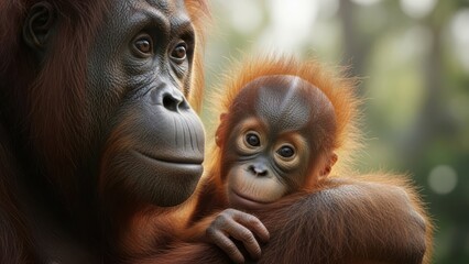 A close-up portrait of an adult orangutan holding a baby orangutan in a tender embrace against a