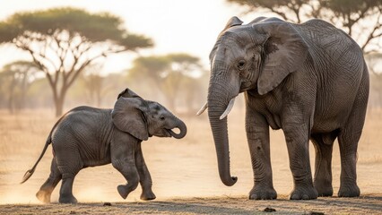 Fototapeta premium A large elephant stands beside a running young elephant in a savanna with trees and a warm, sunny