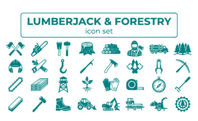Naklejka premium Lumberjack Forestry Logger Axe Chainsaw Timber Logging Tree Cutting Wood Forest Industry Lumber Woodcutter Sawmill Vector Icon Set - Logging Industry
