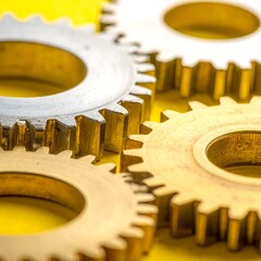 Interlocking metal cogs in gold and silver tones against a vibrant yellow backdrop, showcasing mechanical detail