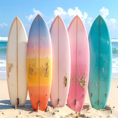 Five surfboards, varying colors, stand on beach. Ocean and sunny sky behind. Sand clings to boards