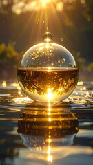 Golden light shines on a glass orb sitting in tranquil water, reflecting the vibrant setting sun and trees