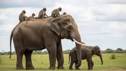 Fototapeta premium A large elephant with monkeys on its back stands next to a smaller elephant in a grassy savannah