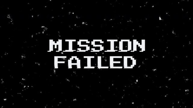 Mission failed text animation with digital error screen pixel style. Pixelated digital error screen, glitch, noise, distortion with Mission Failed text animation. 4K Video