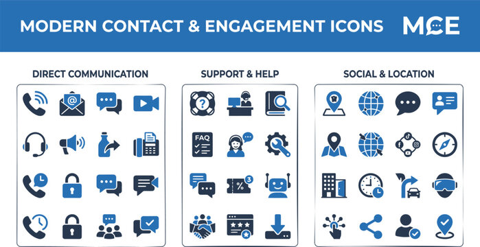 Contact Engagement Interaction Solid Icons Vector Set &ndash; Message Support Social Channel Network Outreach Chat Notification Response Feedback Filled Icon Pack UI Web App