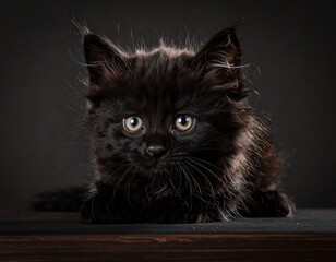 Fluffy black kitten with bright yellow eyes lying down on a dark surface against a dark background