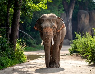 Fototapeta premium Majestic Asian elephant strides forward on a dirt path lined with lush greenery