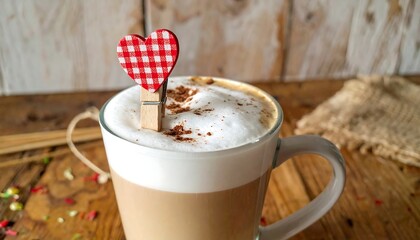 Foamy cappuccino in a clear mug, accented with a red checkered heart clothespin
