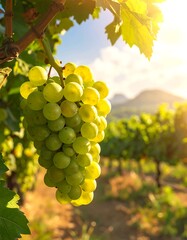 Grapes on the vine in a vineyard, bathed in sunlight with a mountain background, creating a scenic vista