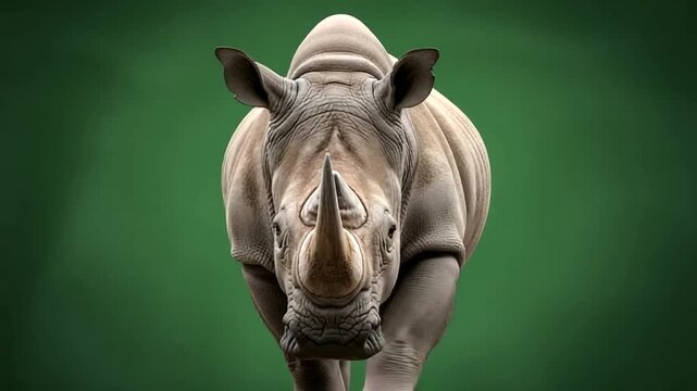 Close up of a rhinoceros facing forward with a green background.