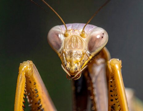 Macro shot of a praying mantis head with large eyes and detailed facial features