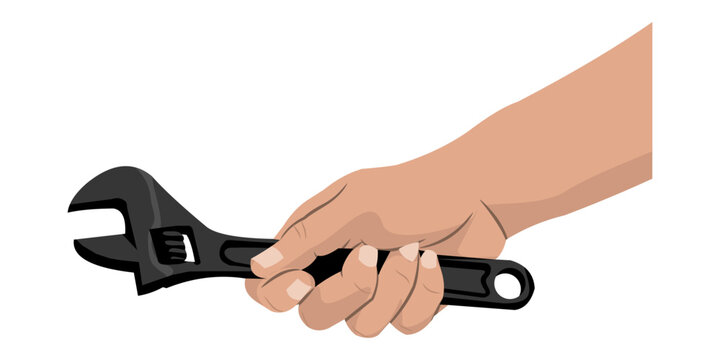 Hand holding wrench isolated white background