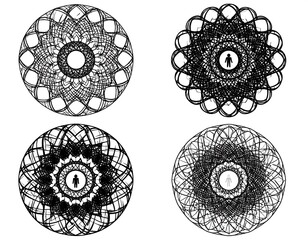 Four intricate, spiraling black line circular designs on a white background, some with a tiny human figure