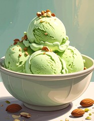 Green ice cream scoops in a bowl, topped with chopped nuts, against a pastel background