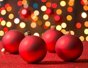 Four matte red ornaments rest on a glittery surface; bokeh lights create a blurred background