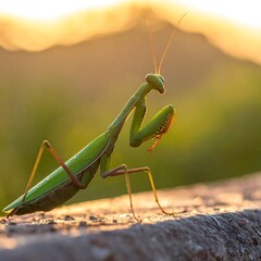 Green praying mantis stands on wood, backlit by a warm sunset glow, creating a soft, blurred background
