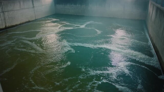 Tranquil aeration tank surface with swirling water patterns and foamy textures