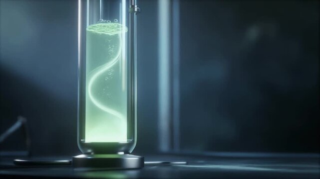 Tall cylindrical bioreactor glowing pale green with ethereal spiral inside in a dark laboratory