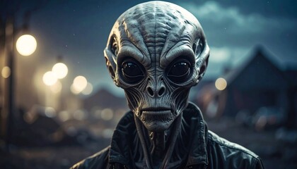 Grey alien figure stands out, blurred night streetlights glow behind it, creating a surreal and mysterious atmosphere