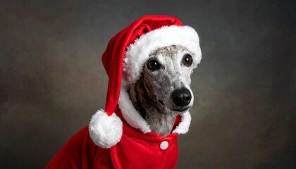 Grey, slender dog in festive red Santa hat & matching coat, against a mottled brown-grey background