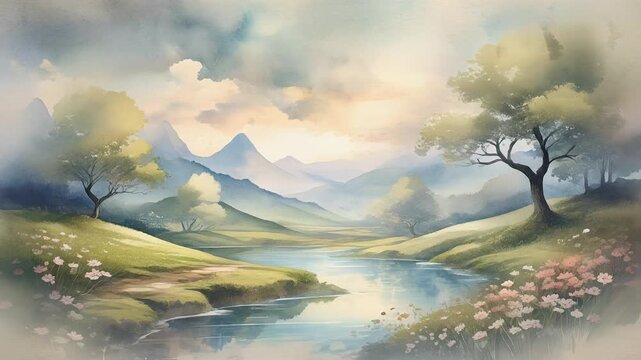 Tranquil landscape with diffuse sky and watercolor hills framing a winding river