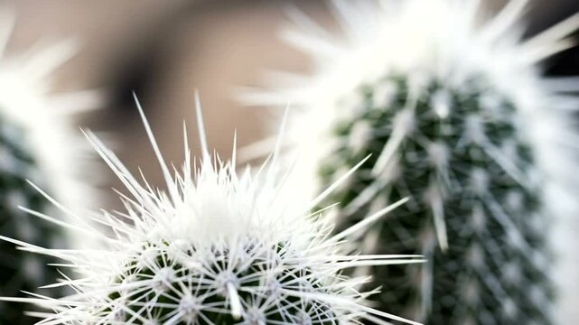 Close up of fuzzy white cactus spines with blurred background.