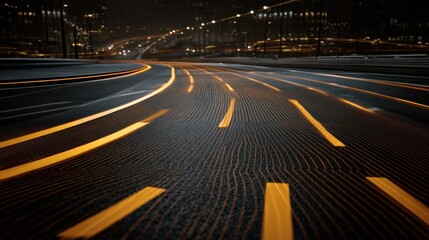 Obraz premium Winding road with orange lines and city lights at night creates a busy urban scene
