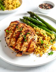 Grilled chicken breast with asparagus and couscous on a white plate, beautifully plated and lit for a food photography shot