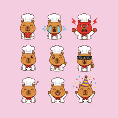 Cute Chef Capybara Cartoon Emoticons Set Bundle