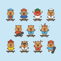 Cute Capybara Skaters with Different Emotions Bundle