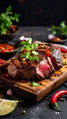 Grilled sliced steak on wooden board, garnished with chili peppers, cilantro, and various seasonings on dark backdrop