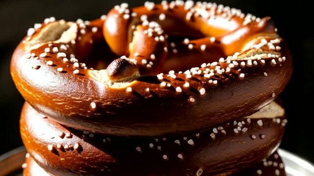 Close up of stack of delicious soft pretzels with salt crystals.
