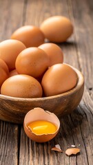 Group of brown eggs in a wooden bowl on rustic wooden table, with a cracked egg revealing a yellow yolk