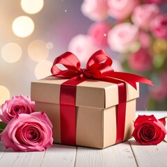 Gift box with a red bow surrounded by pink and red roses against a bokeh background, sitting on white wooden boards