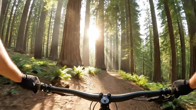Mountain biker riding through sunlit redwood forest trail adventure