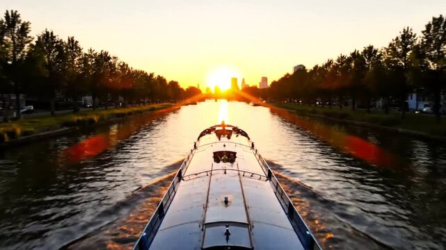 Amsterdam Canal Boat Sunset Golden Hour Trees Reflection Beautiful Cityscape
