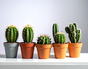 Fototapeta premium Five cacti in pots arranged on a white surface against a light gray background, with bright overhead lighting