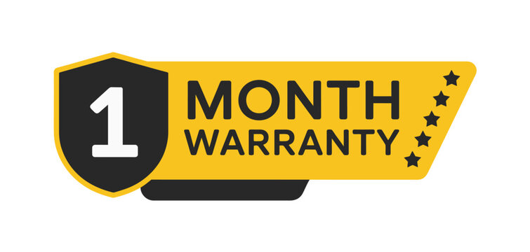 1 month warranty badge vector, modern yellow and black shield design, guarantee label icon for products.