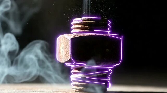 Close-up of a metal nut and bolt with purple electrical discharge and smoke.