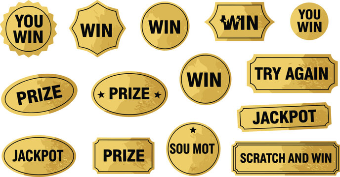 Collection of golden prize and winning labels for lottery or scratch card games, featuring 'win', 'prize', 'try again', 'scratch and win', and 'sou mot' text for gambling fun