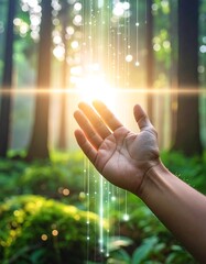Hand reaches towards bright light streaks in a forest clearing, mossy green undergrowth and sunlight filtering through trees