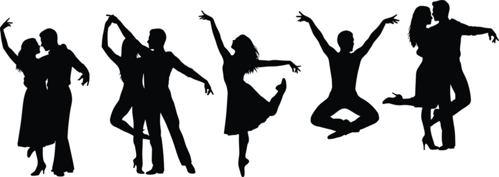 Set of dancing couple silhouettes, ballroom dance partners, ballet dancer performing, romantic man and woman in elegant poses, artistic graceful movement vector illustration