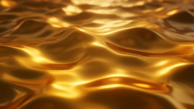Shimmering gold liquid surface reflects light in fluid, wavy texture