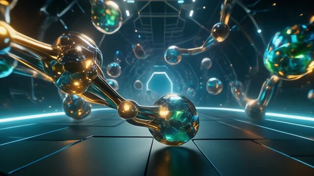 Chromatic nanostructure lattice suspended in a futuristic chamber with glowing orbs and reflective metal links