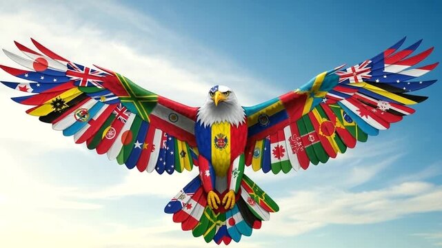 Colorful Eagle Sculpture with International Flags Flying.
