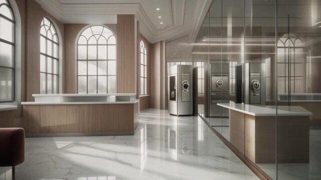 Spacious bank interior with arched windows and modern teller area bathed in soft light