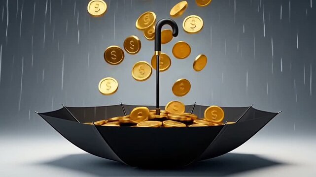 Surreal concept of gold coins raining into a black umbrella for financial security